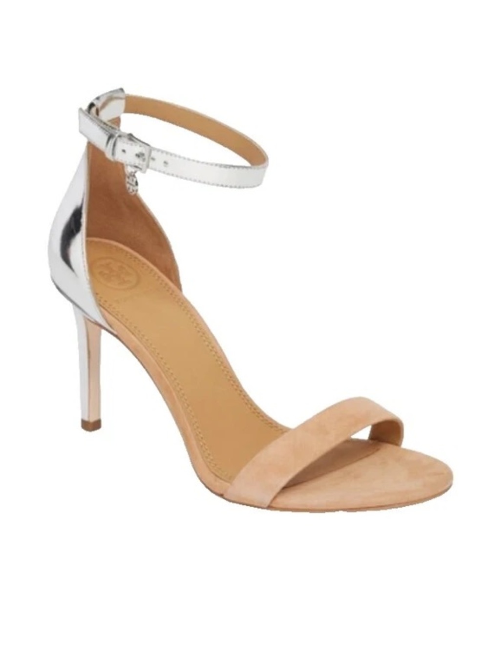 TORY BURCH Ellie 85MM Ankle Strap Sandal Kid Suede/Mirror Metallic Size 7